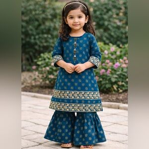 Eid Girls Teal Embroidered Gharara